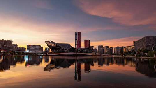 广东珠海金湾艺术中心广场高空蓝调日落延时