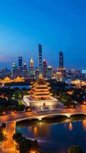 城市古建筑与现代建筑夜景全景