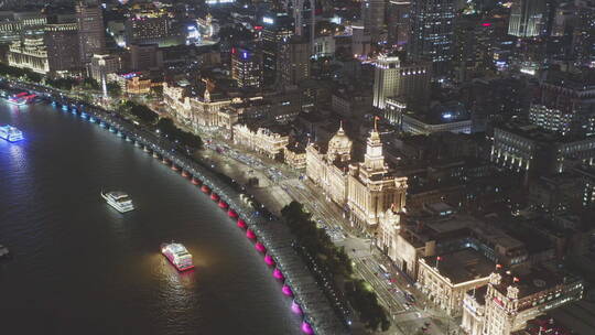 上海黄浦区外滩夜景航拍