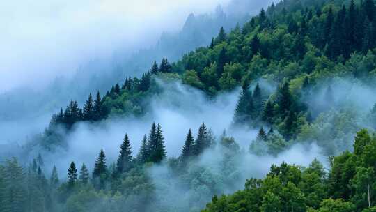 早上原始森林云雾自然风景意境旅行