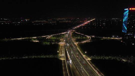 航拍杭州夜晚城市高架桥