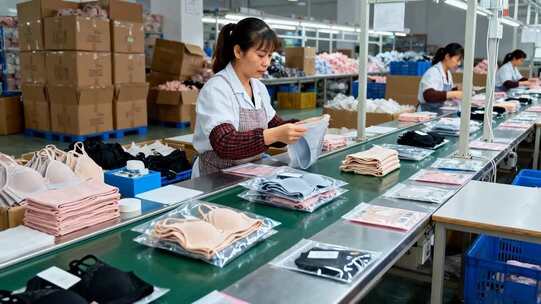 工厂女工内衣流水线作业