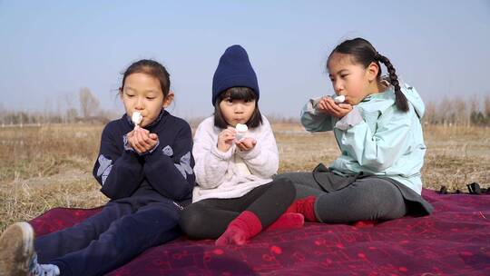 坐在野餐垫上吃零食的三个女孩