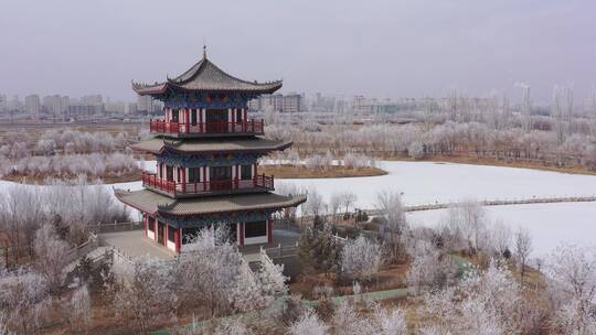 北方城郊中式园林雾凇雪景