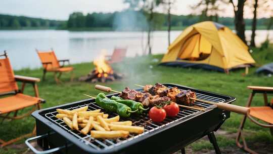 户外露营湖边烧烤素材