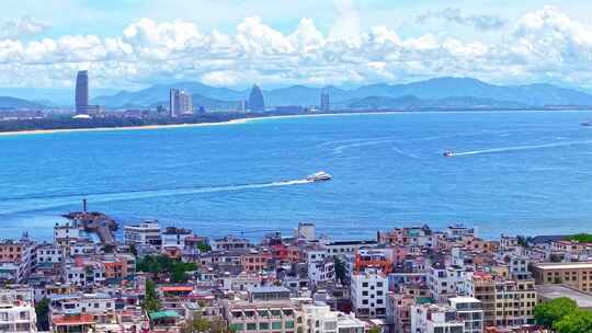 海南三亚海棠湾后海渔村航拍蔚蓝色海岸线