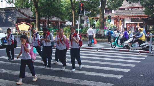 4k实拍小学生放学过斑马线