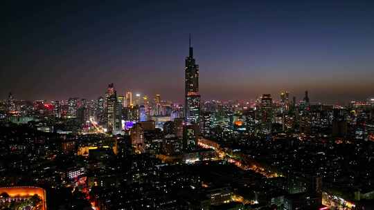 江苏南京CBD紫峰大厦建筑群日落夜景航拍