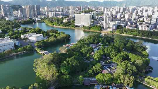 4K航拍福州西湖公园省博物馆夕阳游船拱桥