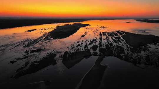 黄河河道夕阳自然风景航拍