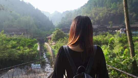 女子乡间小路乡村风景视频素材模板下载