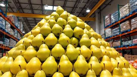 仓库内堆放的大量梨子素材