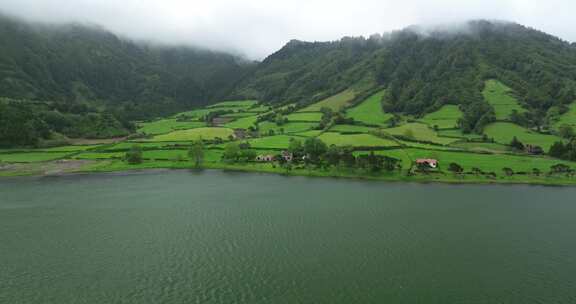 树，山，村庄，湖