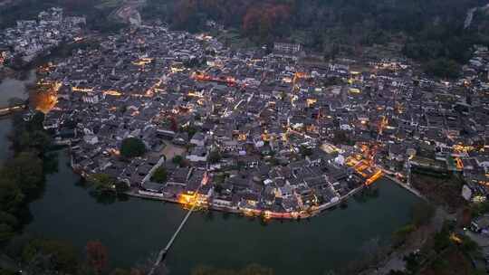 安徽黄山宏村徽派建筑群秋色日落夜景航拍