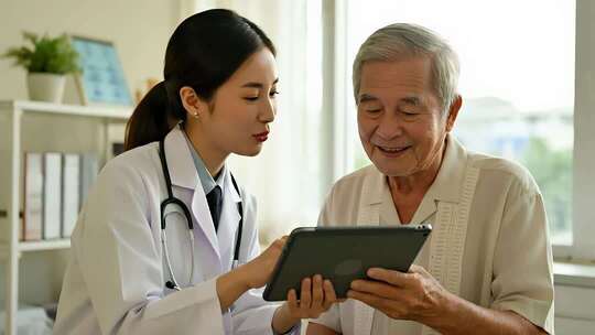 医生与老人沟通医疗场景视频