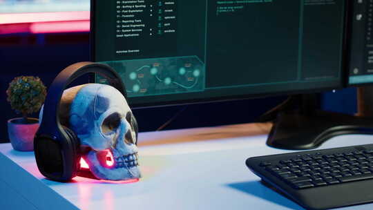 空罪犯巢穴中的办公桌和PC屏幕上的黑客软