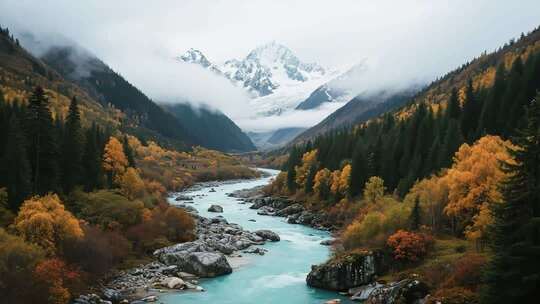山谷河流与秋色雪山景观