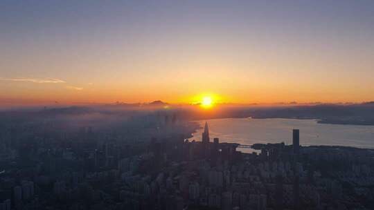 前海高视角航拍深圳湾清晨阳光延时
