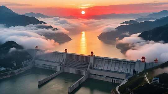 航拍云雾缭绕下的长江三峡大坝日出壮丽延时
