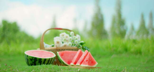 夏日 蓝天白云 雏菊 西瓜 草地