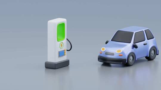 电动汽车在充电站充电。3D汽车卡通动画