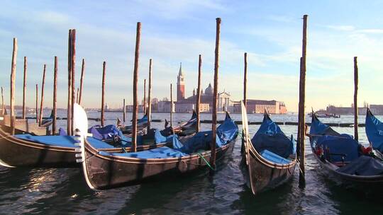 意大利威尼斯运河上一排排贡多拉视频素材模板下载