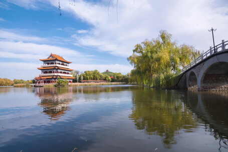 禹州景区城市仿古建筑植物园宏霞阁延时