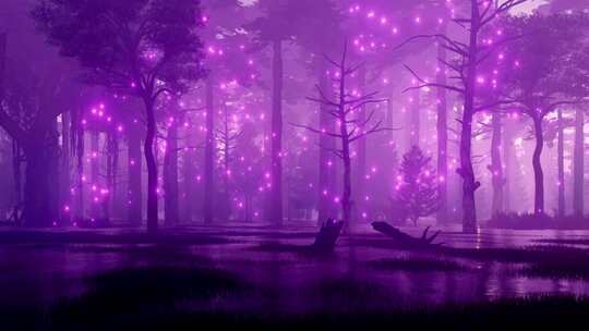 奇幻的惊悚的夜间森林沼泽上的神奇粒子灯光
