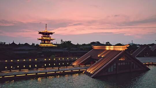 航拍广富林文化遗址古陶艺术馆高塔建筑夜景