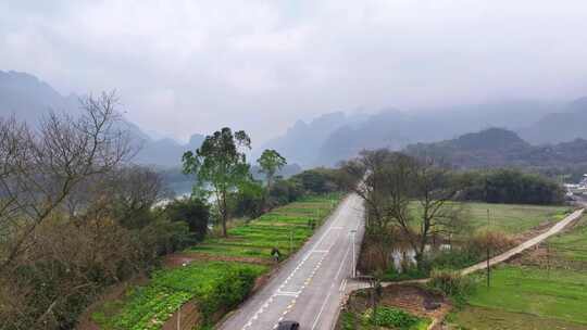 航拍广东清远连江乡村田园公路风光