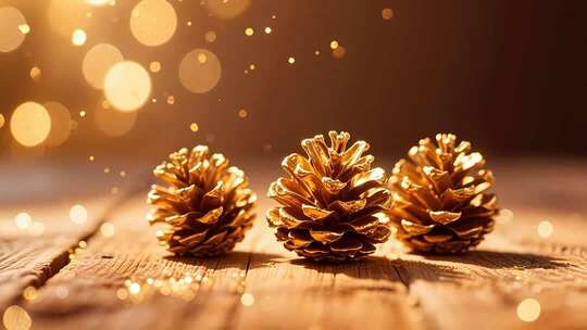 木质桌面上的金色松果
