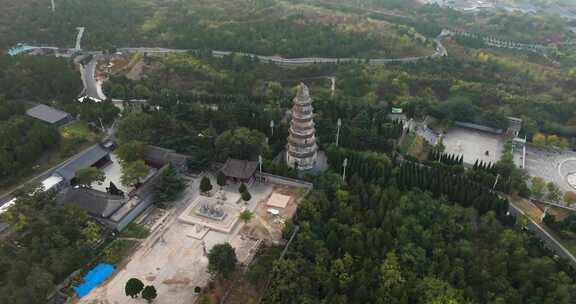 河北邯郸响堂山石窟常乐寺清晨航拍