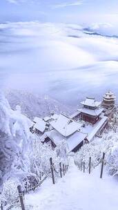 冬天冬季下雪风景山川古建筑老君山雪景