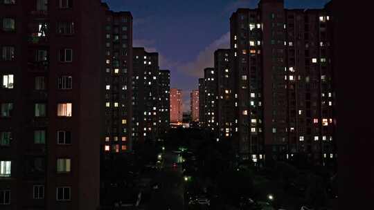 航拍上海城市夜景居民楼亮化