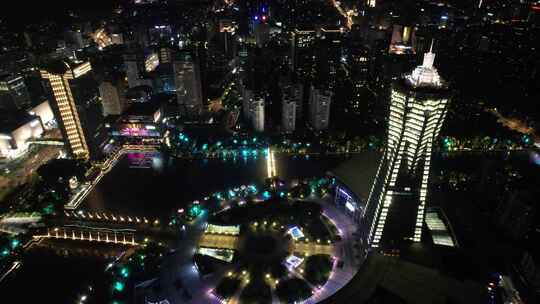 浙江杭州西湖广场夜景灯光航拍