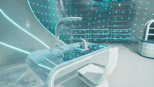 带有时尚床和未来椅子的未来实验室室