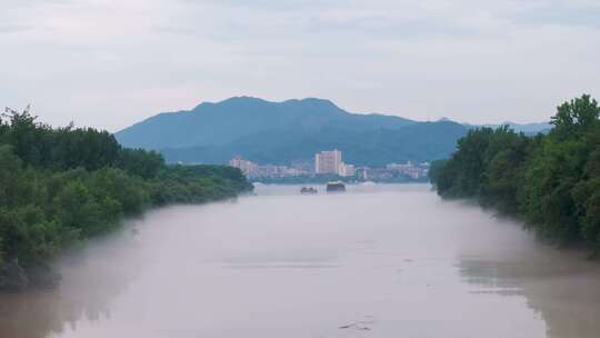 杭州富阳富春江晨雾航拍