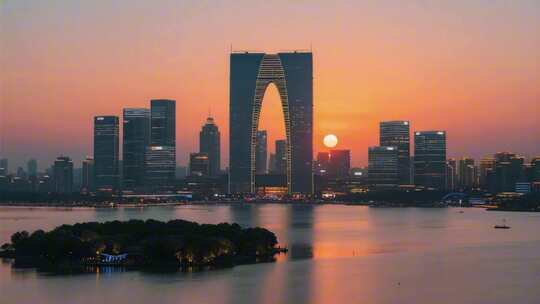苏州东方之门日落城市景观