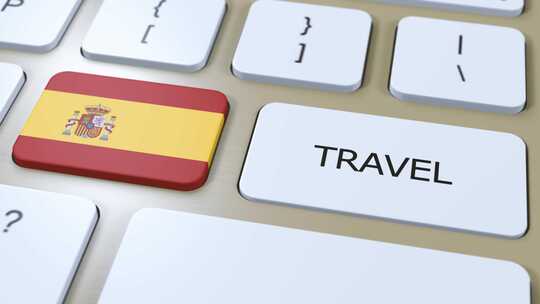 西班牙国旗和文字旅行按钮旅行到国家3D动
