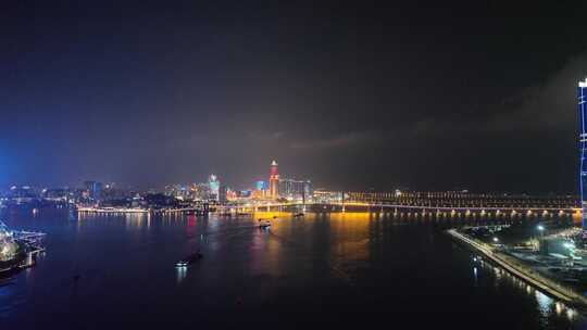 澳门夜景航拍澳门塔西湾大桥夜晚大海河流