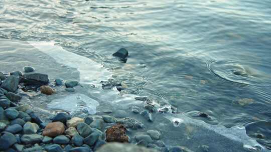 湖泊湖水湖边结冰