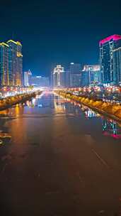 城市河流夜景高楼倒影