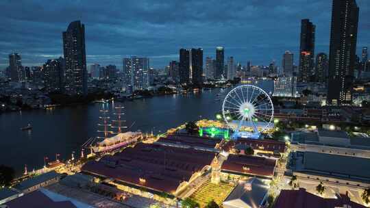 泰国曼谷湄南河亚洲河滨夜市摩天轮航拍风光