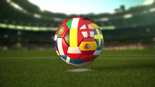 足球球场草地上有欧洲国家国旗的足球。