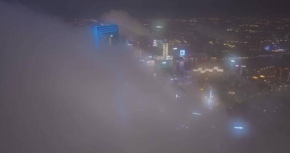 上海夏季平流雾夜景航拍