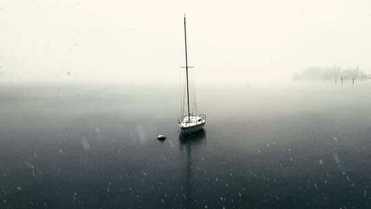 意大利马焦雷湖和停泊的帆船和渡船上降雪的超现实场景。放大