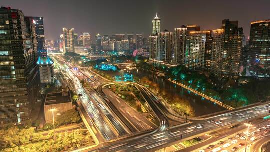 杭州中河立交桥车流夜景与城市天际线