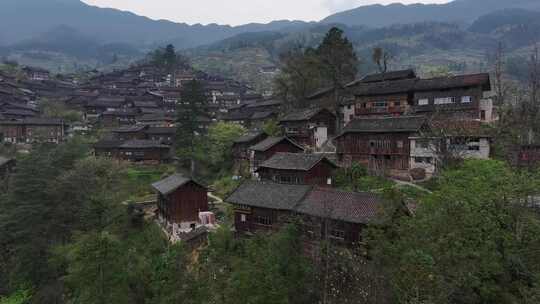 贵州黔东南雷山县雀鸟苗寨传统民居航拍风光