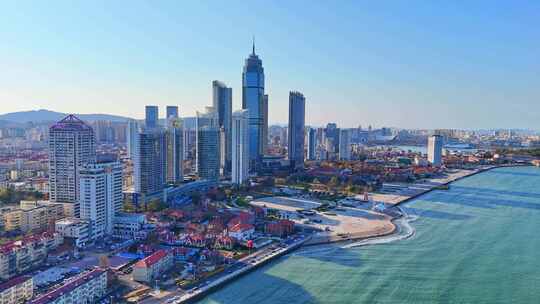 航拍山东烟台滨海城市建筑海岸线风光全景