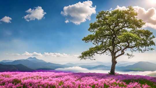 花海孤树自然风光